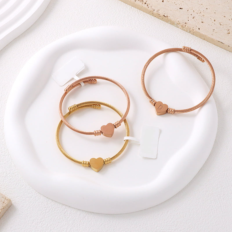 Women Wholesale Customized Jewelry Gold Plated Rose Gold Initial Letter Heart Charm Stainless Steel Expandable Bracelet Bangle