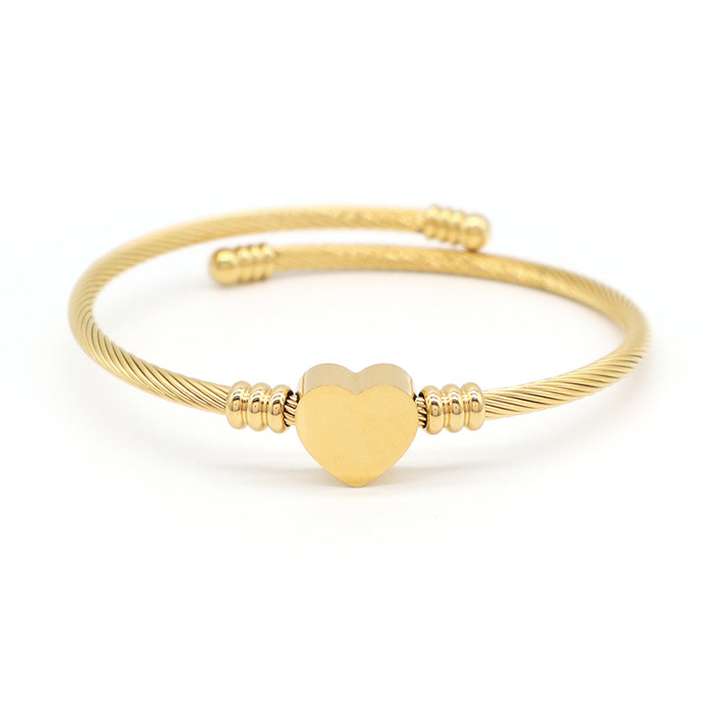 Women Wholesale Customized Jewelry Gold Plated Rose Gold Initial Letter Heart Charm Stainless Steel Expandable Bracelet Bangle