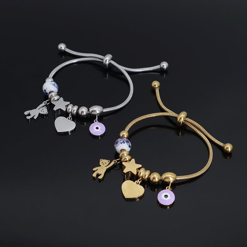 Good Quality Custom Wholesale Fashion Gold Plated Enamel Evil Eyes Bear Charm Children Cuff Stainless Steel Bangle Bracelet