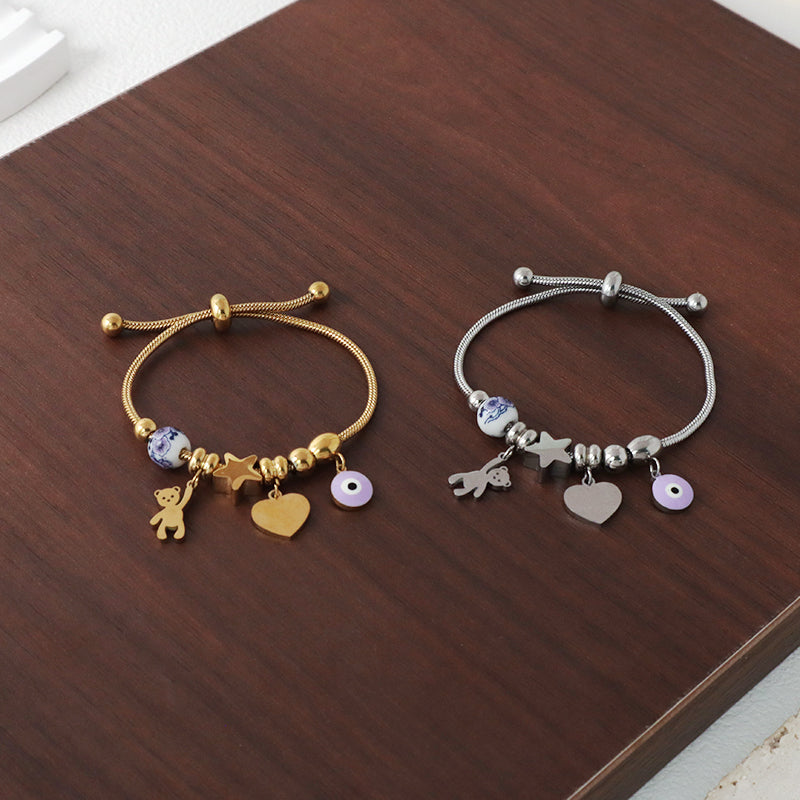 Good Quality Custom Wholesale Fashion Gold Plated Enamel Evil Eyes Bear Charm Children Cuff Stainless Steel Bangle Bracelet