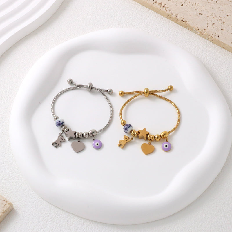 Good Quality Custom Wholesale Fashion Gold Plated Enamel Evil Eyes Bear Charm Children Cuff Stainless Steel Bangle Bracelet