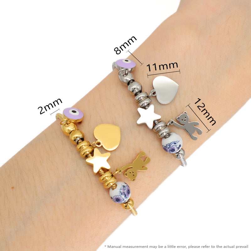 Good Quality Custom Wholesale Fashion Gold Plated Enamel Evil Eyes Bear Charm Children Cuff Stainless Steel Bangle Bracelet