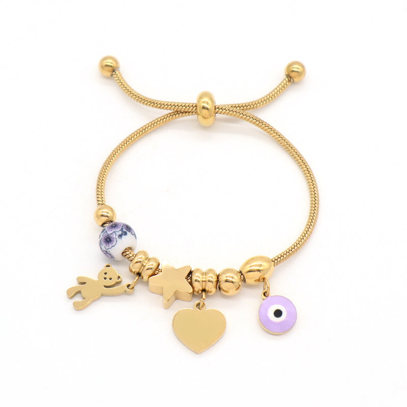 Good Quality Custom Wholesale Fashion Gold Plated Enamel Evil Eyes Bear Charm Children Cuff Stainless Steel Bangle Bracelet