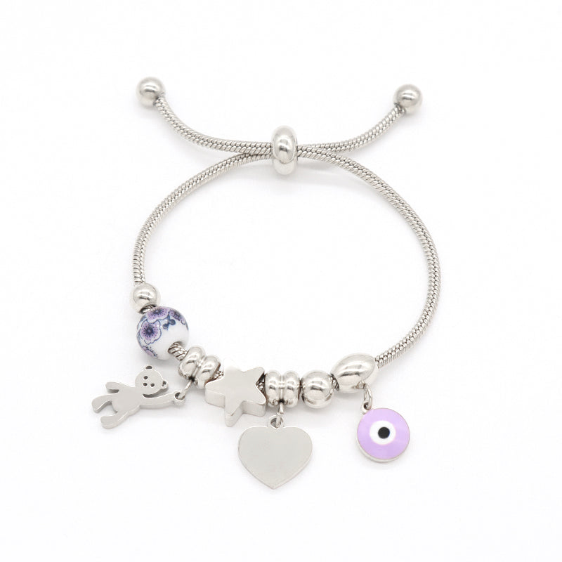 Good Quality Custom Wholesale Fashion Gold Plated Enamel Evil Eyes Bear Charm Children Cuff Stainless Steel Bangle Bracelet