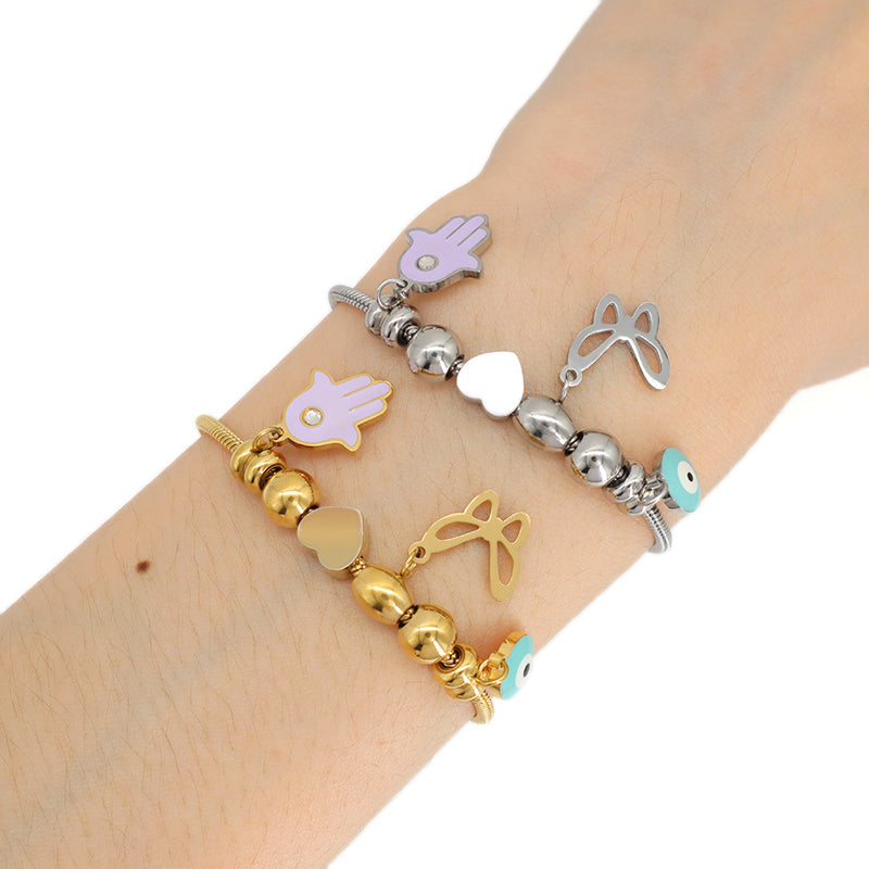 Custom Wholesale Fashion Gold Plated Children Cuff Enamel Evil Eyes Hand Butterfly Heart Charm Stainless Steel Bangle Bracelet
