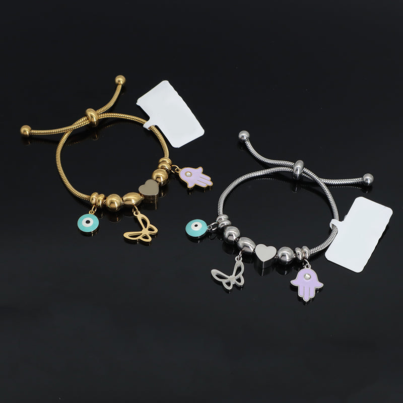 Custom Wholesale Fashion Gold Plated Children Cuff Enamel Evil Eyes Hand Butterfly Heart Charm Stainless Steel Bangle Bracelet