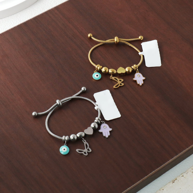 Custom Wholesale Fashion Gold Plated Children Cuff Enamel Evil Eyes Hand Butterfly Heart Charm Stainless Steel Bangle Bracelet