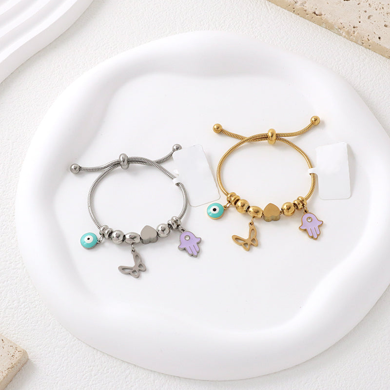 Custom Wholesale Fashion Gold Plated Children Cuff Enamel Evil Eyes Hand Butterfly Heart Charm Stainless Steel Bangle Bracelet