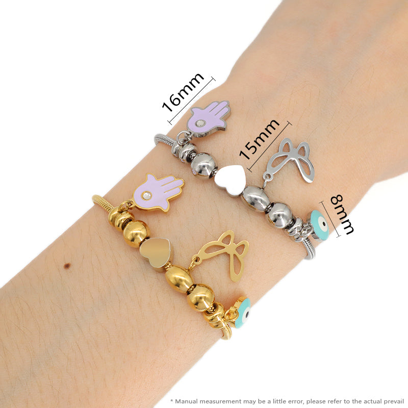 Custom Wholesale Fashion Gold Plated Children Cuff Enamel Evil Eyes Hand Butterfly Heart Charm Stainless Steel Bangle Bracelet