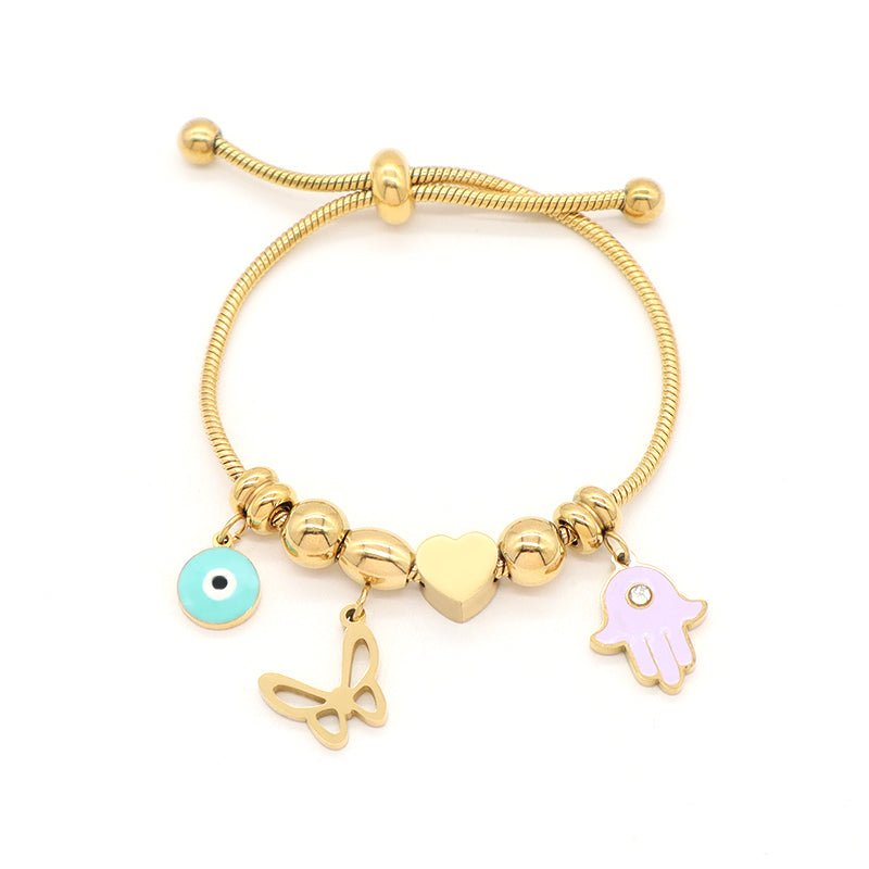 Custom Wholesale Fashion Gold Plated Children Cuff Enamel Evil Eyes Hand Butterfly Heart Charm Stainless Steel Bangle Bracelet