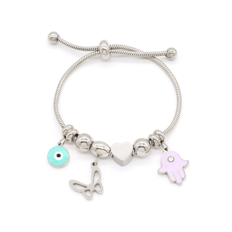 Custom Wholesale Fashion Gold Plated Children Cuff Enamel Evil Eyes Hand Butterfly Heart Charm Stainless Steel Bangle Bracelet