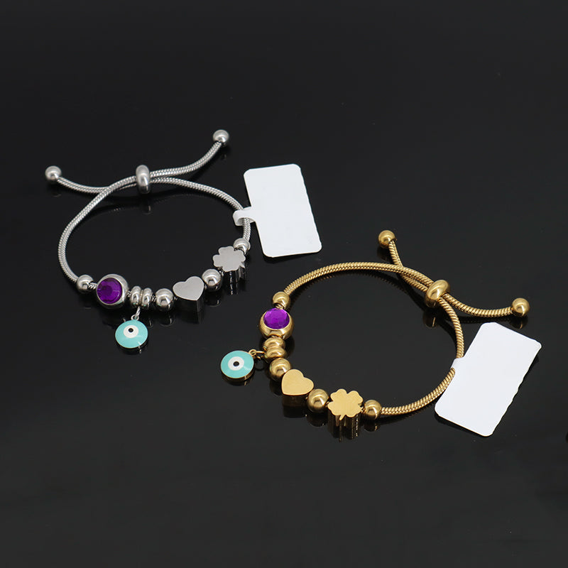 Wholesale Fashion Custom Gold Plated Children Cuff Four-leaf Clover Heart Charm Stainless Steel Enamel Evil Eyes Bracelet Bangle