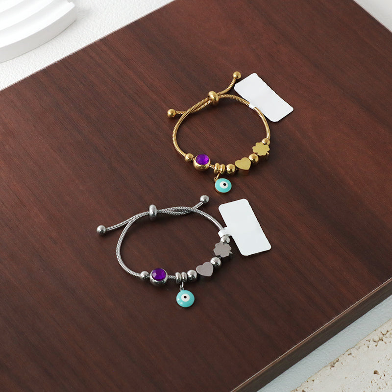Wholesale Fashion Custom Gold Plated Children Cuff Four-leaf Clover Heart Charm Stainless Steel Enamel Evil Eyes Bracelet Bangle