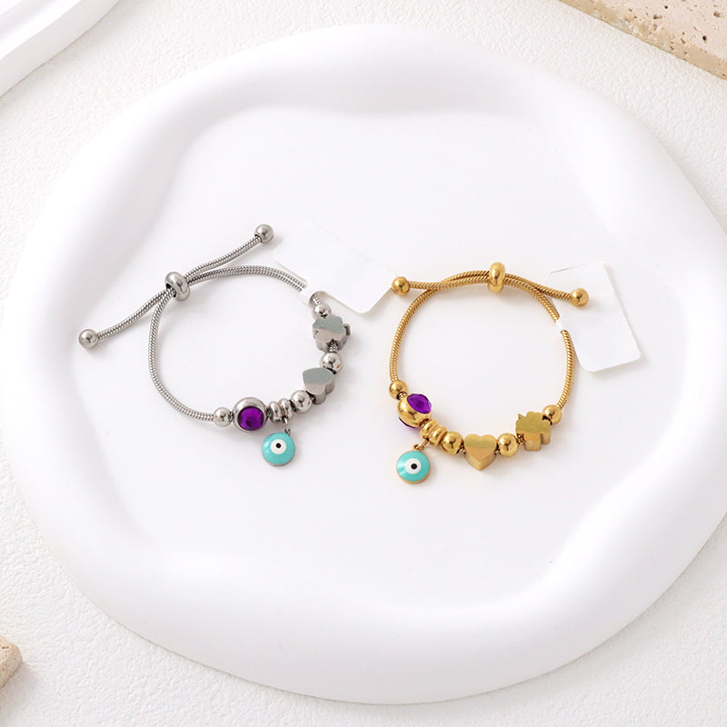 Wholesale Fashion Custom Gold Plated Children Cuff Four-leaf Clover Heart Charm Stainless Steel Enamel Evil Eyes Bracelet Bangle