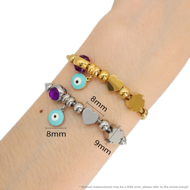 Wholesale Fashion Custom Gold Plated Children Cuff Four-leaf Clover Heart Charm Stainless Steel Enamel Evil Eyes Bracelet Bangle