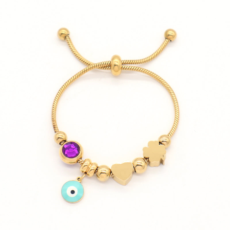 Wholesale Fashion Custom Gold Plated Children Cuff Four-leaf Clover Heart Charm Stainless Steel Enamel Evil Eyes Bracelet Bangle