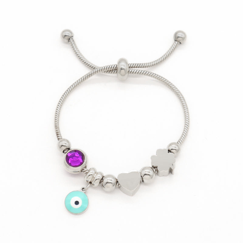 Wholesale Fashion Custom Gold Plated Children Cuff Four-leaf Clover Heart Charm Stainless Steel Enamel Evil Eyes Bracelet Bangle