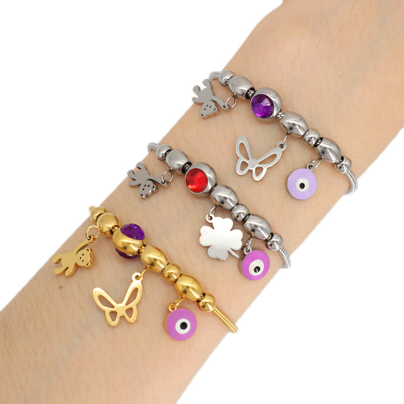 Factory Custom Gold Plated Children Cuff Butterfly Bear Four-leaf clover Stainless Steel Enamel Evil Eyes Charm Bangle Bracelet