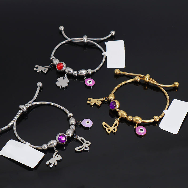 Factory Custom Gold Plated Children Cuff Butterfly Bear Four-leaf clover Stainless Steel Enamel Evil Eyes Charm Bangle Bracelet