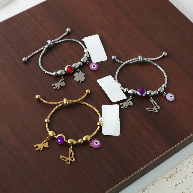 Factory Custom Gold Plated Children Cuff Butterfly Bear Four-leaf clover Stainless Steel Enamel Evil Eyes Charm Bangle Bracelet