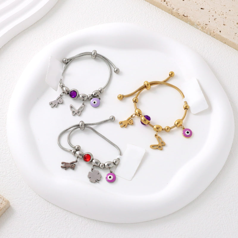 Factory Custom Gold Plated Children Cuff Butterfly Bear Four-leaf clover Stainless Steel Enamel Evil Eyes Charm Bangle Bracelet