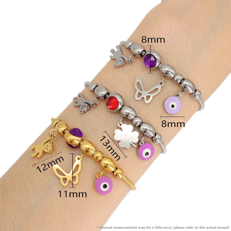 Factory Custom Gold Plated Children Cuff Butterfly Bear Four-leaf clover Stainless Steel Enamel Evil Eyes Charm Bangle Bracelet