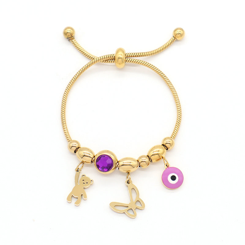 Factory Custom Gold Plated Children Cuff Butterfly Bear Four-leaf clover Stainless Steel Enamel Evil Eyes Charm Bangle Bracelet
