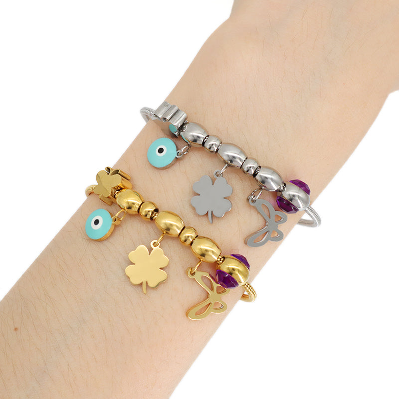 Gold Plated Butterfly Four-leaf Clover Charm Wholesale Custom Stainless Steel Enamel Evil Eyes Children Cuff Bracelet Bangle