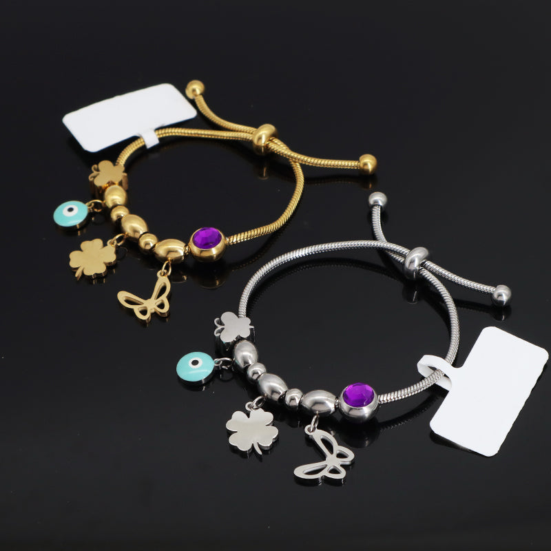 Gold Plated Butterfly Four-leaf Clover Charm Wholesale Custom Stainless Steel Enamel Evil Eyes Children Cuff Bracelet Bangle
