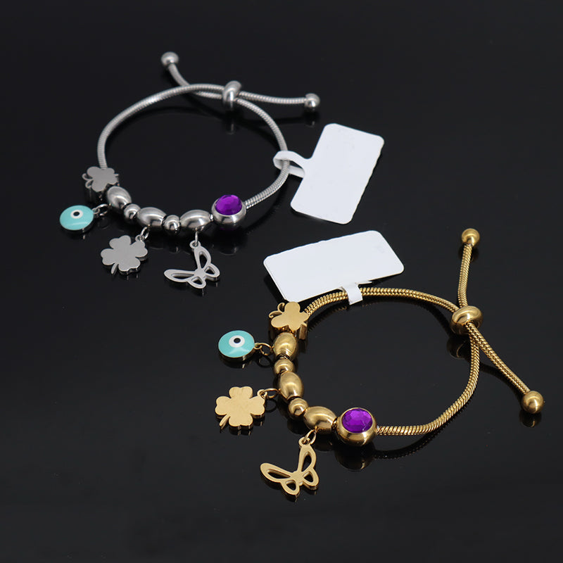 Gold Plated Butterfly Four-leaf Clover Charm Wholesale Custom Stainless Steel Enamel Evil Eyes Children Cuff Bracelet Bangle