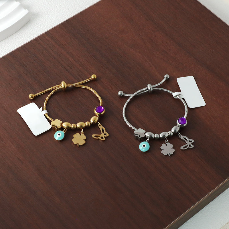 Gold Plated Butterfly Four-leaf Clover Charm Wholesale Custom Stainless Steel Enamel Evil Eyes Children Cuff Bracelet Bangle