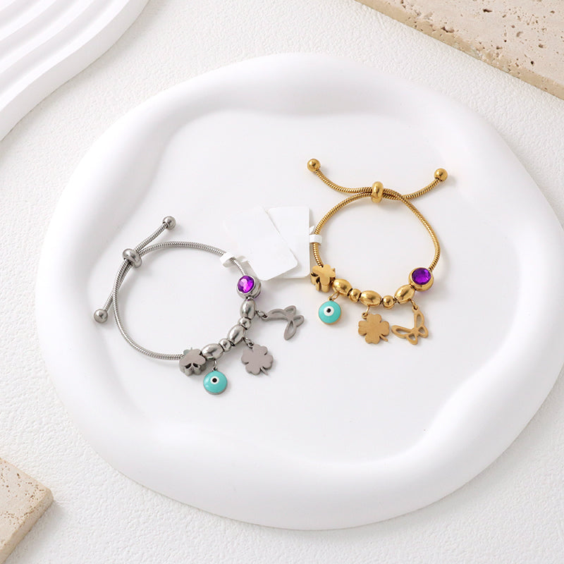 Gold Plated Butterfly Four-leaf Clover Charm Wholesale Custom Stainless Steel Enamel Evil Eyes Children Cuff Bracelet Bangle