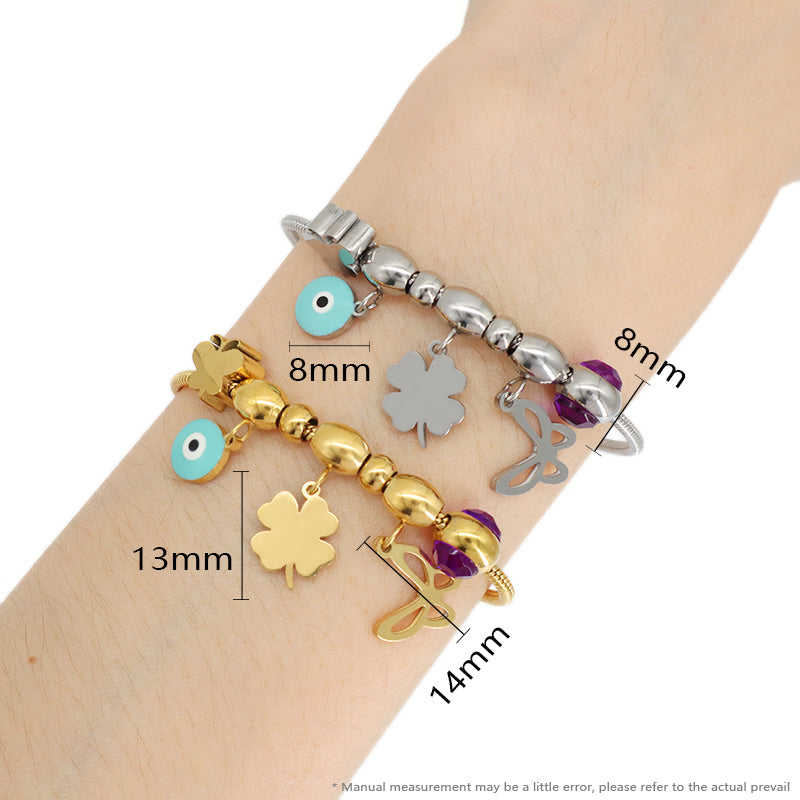 Gold Plated Butterfly Four-leaf Clover Charm Wholesale Custom Stainless Steel Enamel Evil Eyes Children Cuff Bracelet Bangle
