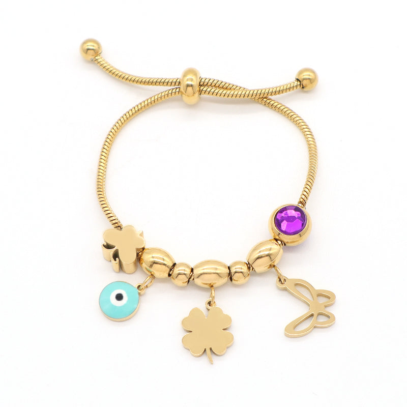 Gold Plated Butterfly Four-leaf Clover Charm Wholesale Custom Stainless Steel Enamel Evil Eyes Children Cuff Bracelet Bangle
