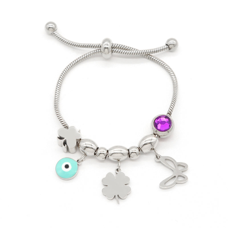 Gold Plated Butterfly Four-leaf Clover Charm Wholesale Custom Stainless Steel Enamel Evil Eyes Children Cuff Bracelet Bangle