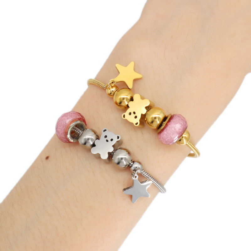 New Bulk Sale Customized China Factory Ajustable Gold Plated Stainless Steel Children Cuff Star Bear Charm Bracelet Bangle