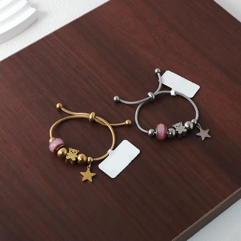 New Bulk Sale Customized China Factory Ajustable Gold Plated Stainless Steel Children Cuff Star Bear Charm Bracelet Bangle