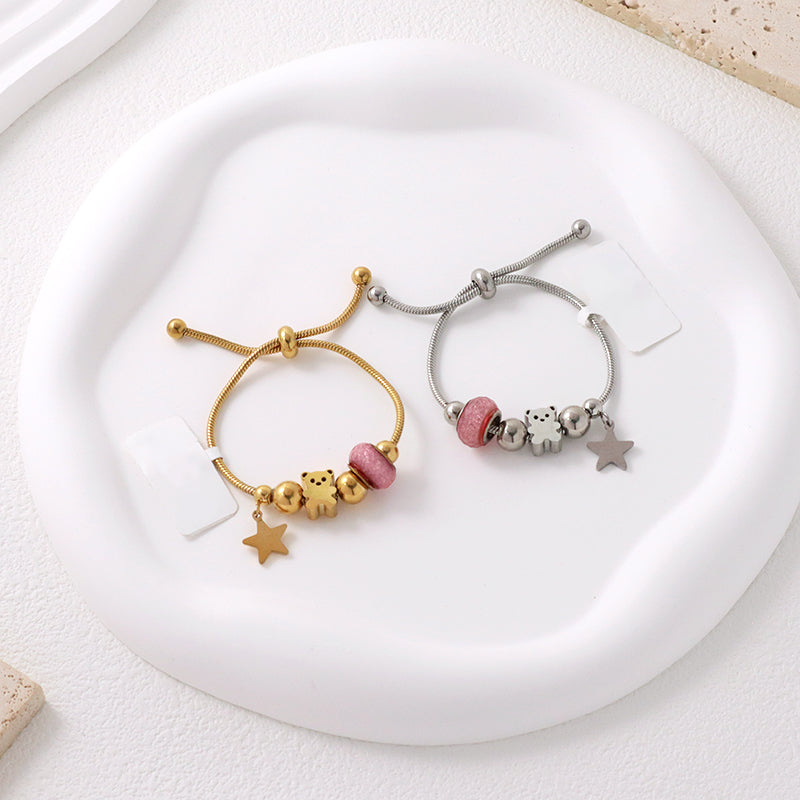 New Bulk Sale Customized China Factory Ajustable Gold Plated Stainless Steel Children Cuff Star Bear Charm Bracelet Bangle