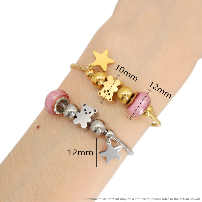 New Bulk Sale Customized China Factory Ajustable Gold Plated Stainless Steel Children Cuff Star Bear Charm Bracelet Bangle