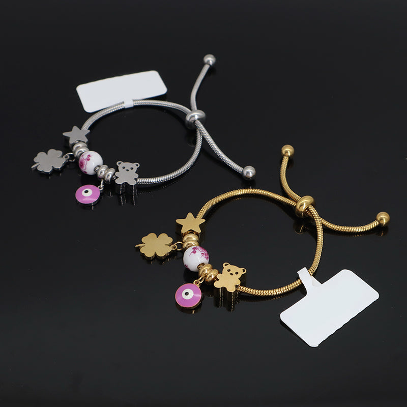 Custom Ajustable Gold Plated Stainless Steel Cuff Star Bear Evil Eyes Four-leaf Clover Charm Bracelet Bangle For Women Children