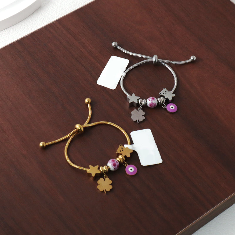 Custom Ajustable Gold Plated Stainless Steel Cuff Star Bear Evil Eyes Four-leaf Clover Charm Bracelet Bangle For Women Children