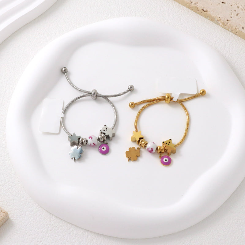 Custom Ajustable Gold Plated Stainless Steel Cuff Star Bear Evil Eyes Four-leaf Clover Charm Bracelet Bangle For Women Children