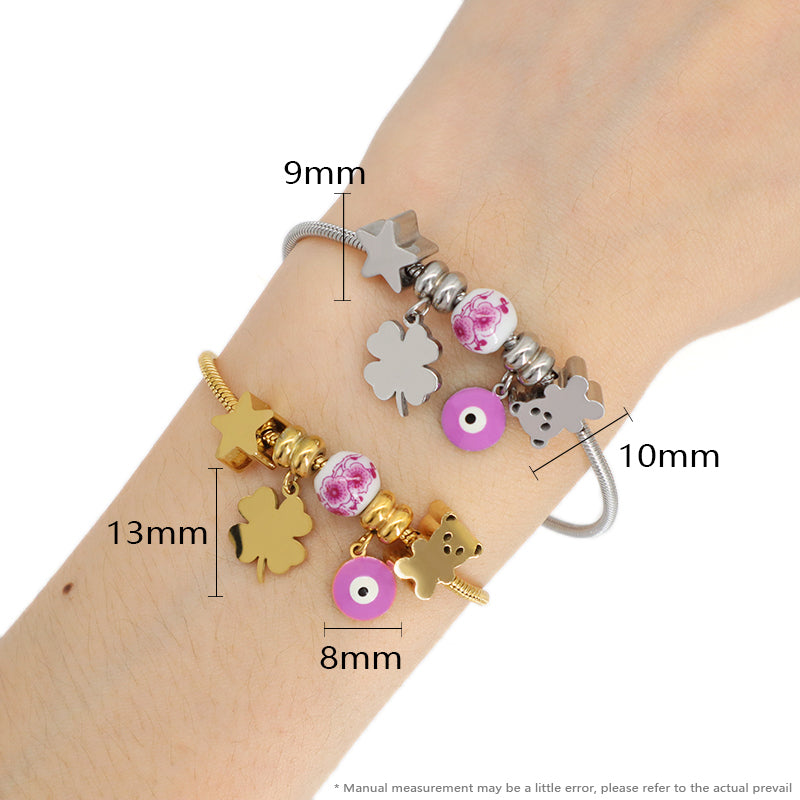 Custom Ajustable Gold Plated Stainless Steel Cuff Star Bear Evil Eyes Four-leaf Clover Charm Bracelet Bangle For Women Children