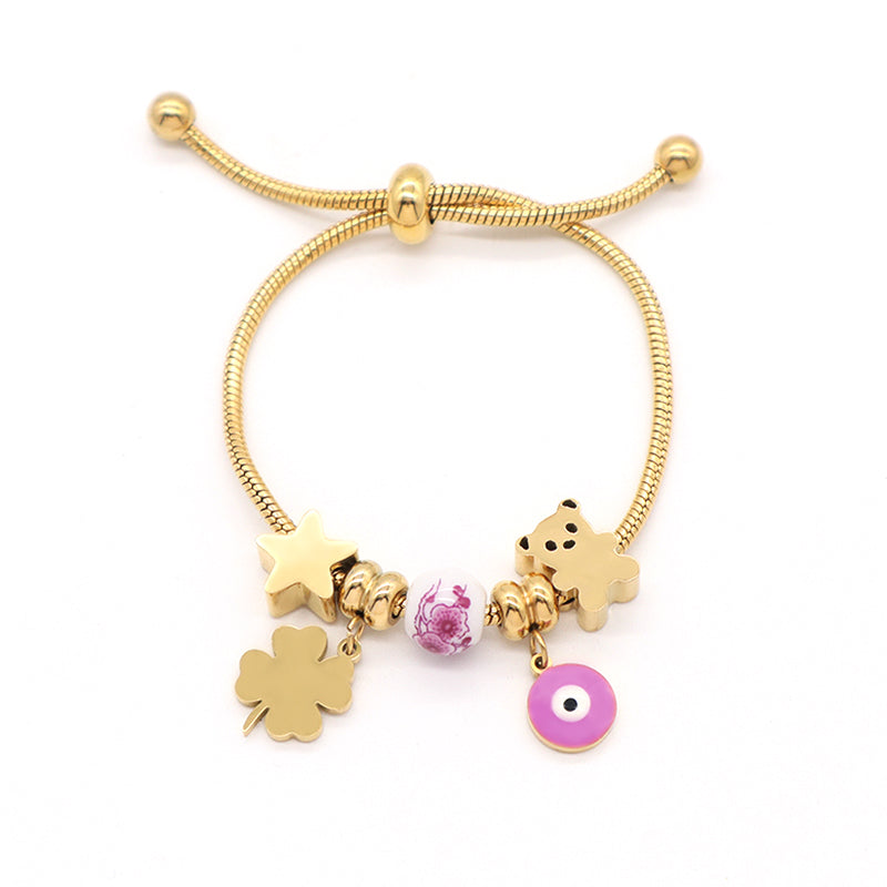 Custom Ajustable Gold Plated Stainless Steel Cuff Star Bear Evil Eyes Four-leaf Clover Charm Bracelet Bangle For Women Children