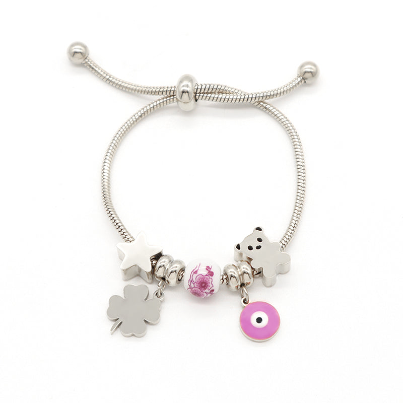 Custom Ajustable Gold Plated Stainless Steel Cuff Star Bear Evil Eyes Four-leaf Clover Charm Bracelet Bangle For Women Children