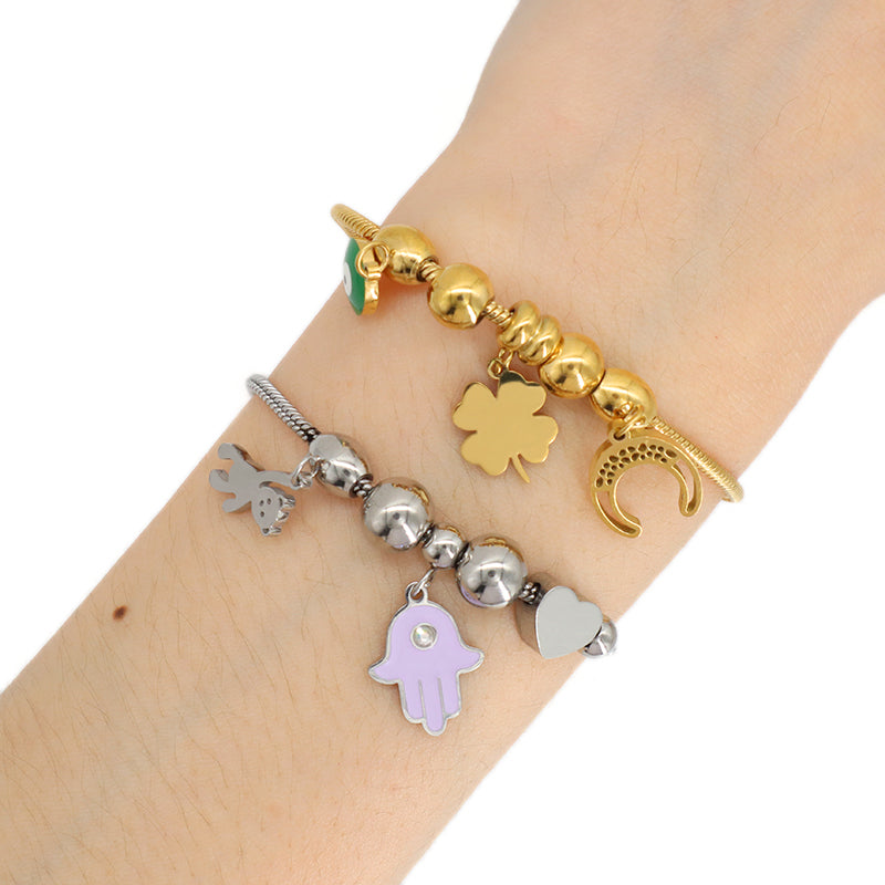 Ajustable Custom Gold Plated Stainless Steel Four-leaf clover Heart Evil Eyes Bear Moon Charm Bracelet Bangle For Children Women