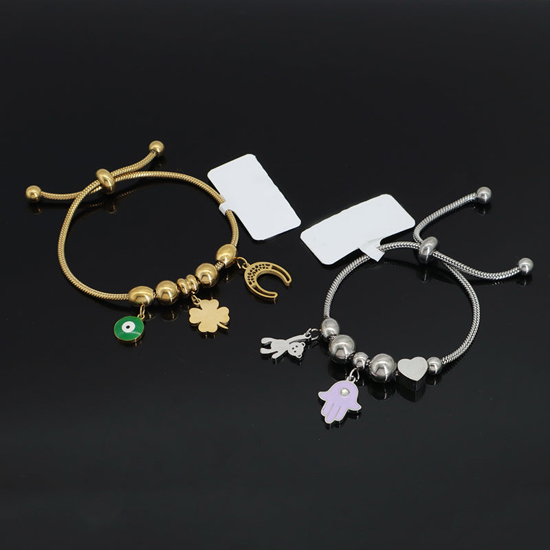 Ajustable Custom Gold Plated Stainless Steel Four-leaf clover Heart Evil Eyes Bear Moon Charm Bracelet Bangle For Children Women