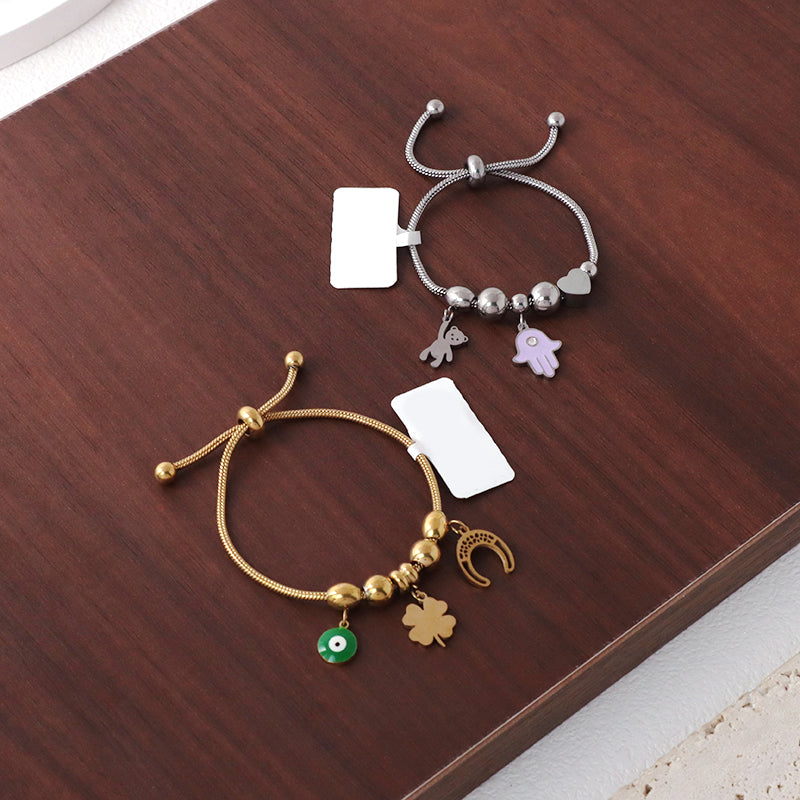 Ajustable Custom Gold Plated Stainless Steel Four-leaf clover Heart Evil Eyes Bear Moon Charm Bracelet Bangle For Children Women