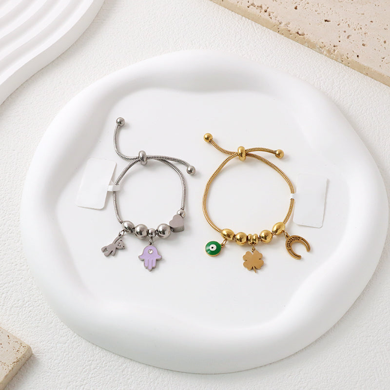 Ajustable Custom Gold Plated Stainless Steel Four-leaf clover Heart Evil Eyes Bear Moon Charm Bracelet Bangle For Children Women