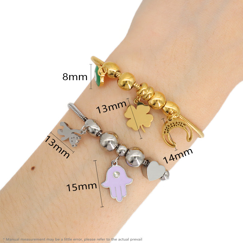 Ajustable Custom Gold Plated Stainless Steel Four-leaf clover Heart Evil Eyes Bear Moon Charm Bracelet Bangle For Children Women